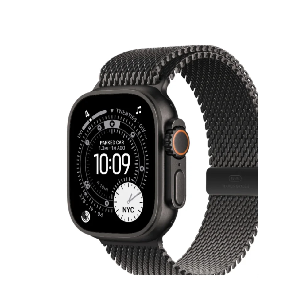 Apple Watch Ultra 3 · 49 mm · GPS + Cellular · Rugged Titanium Case · Black Milanese Loop - L - Black